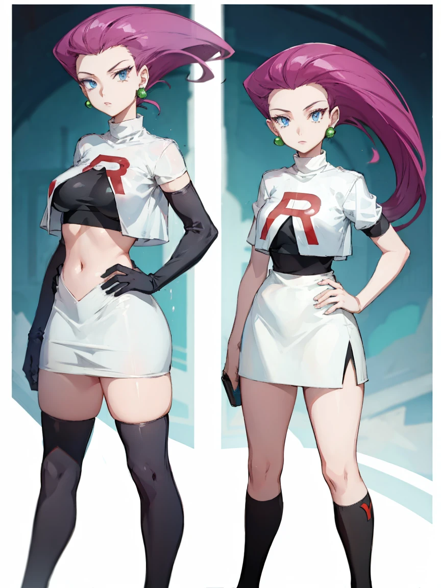 Jessie Pokémon, joia, Arte oficial,(equipe foguete:1.3, Protetor de braço preto, Meias pretas até o joelho, saia branca, camisa branca) , olhos azuis, Uma garota, Cabelo roxo, Brincos, clavícula, Eu alisei meu cabelo para trás., Separe seus lábios, fundo desfocado, seios grandes, mãos nos quadris、umbigo
