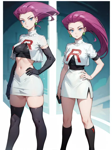 Jessie Pokemon, jewelry, Official Art,(Team Rocket:1.3, Black arm guard, Black knee-high socks, White Skirt, white crop shirt) ,...