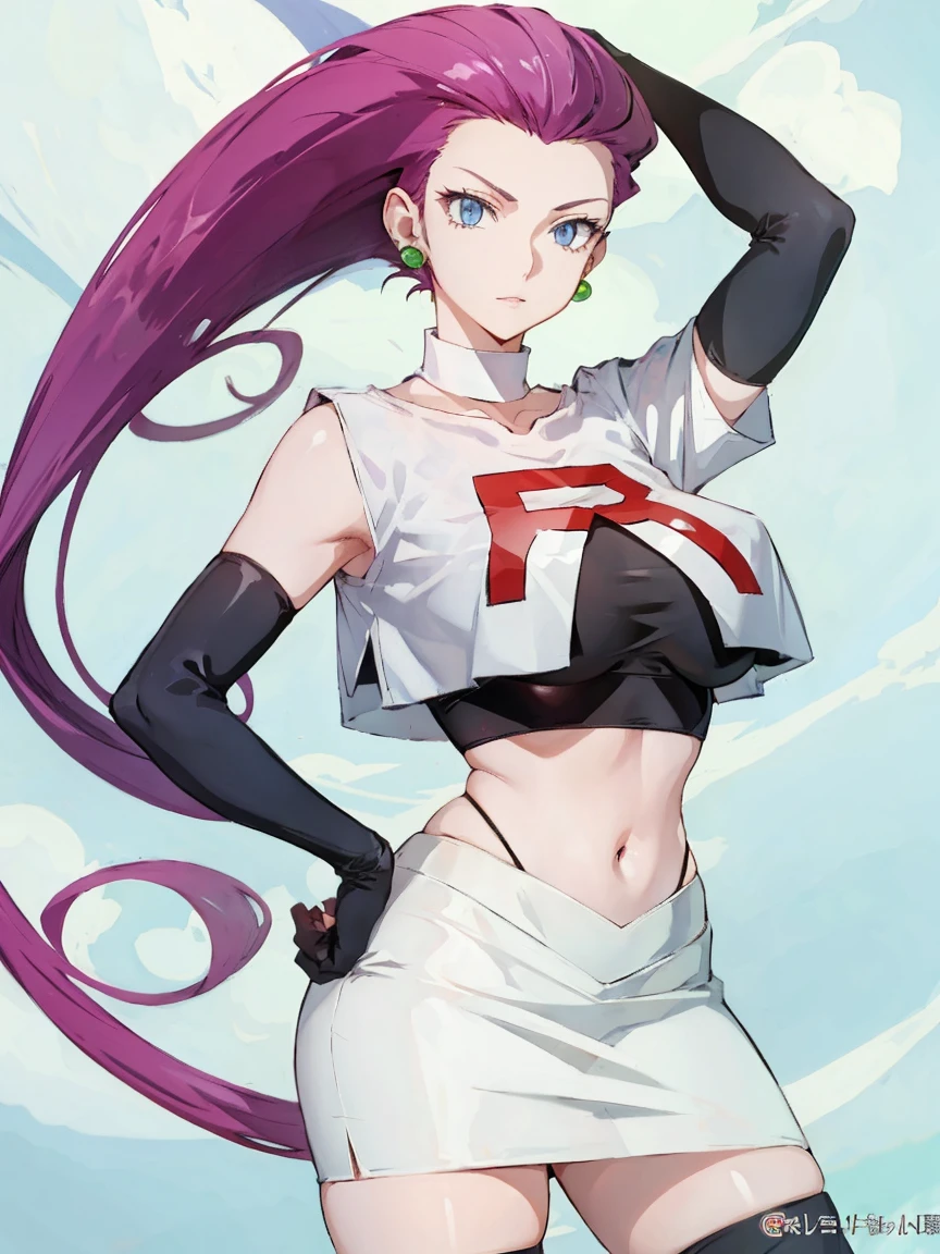 pokemon jessie, joyas, arte oficial,(Equipo Rocket:1.3, Protector de brazo negro, Calcetines negros hasta la rodilla, falda blanca, camisa corta blanca) , blue eyes, Una chica, cabello purpura, pendientes, clavicle, Me peiné el pelo hacia atrás., Separa tus labios, Fondo borroso, pechos grandes, manos en la cintura、ombligo
