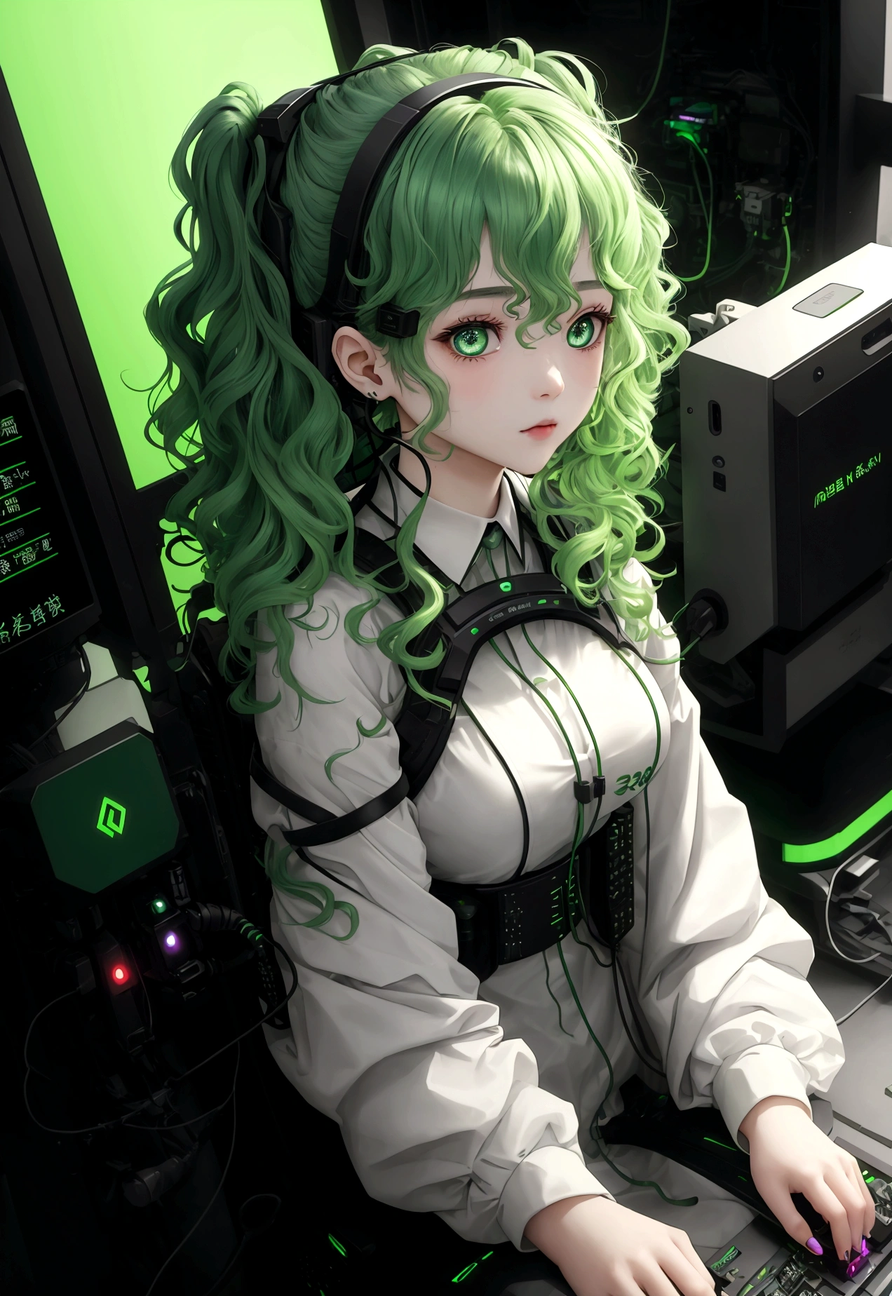 Green gradient hair girl,The girl&#39;s eyes are electronic and wires are connected from her temples to the PC on her back.、The girl is a beautiful girl with curly, wavy hair.、