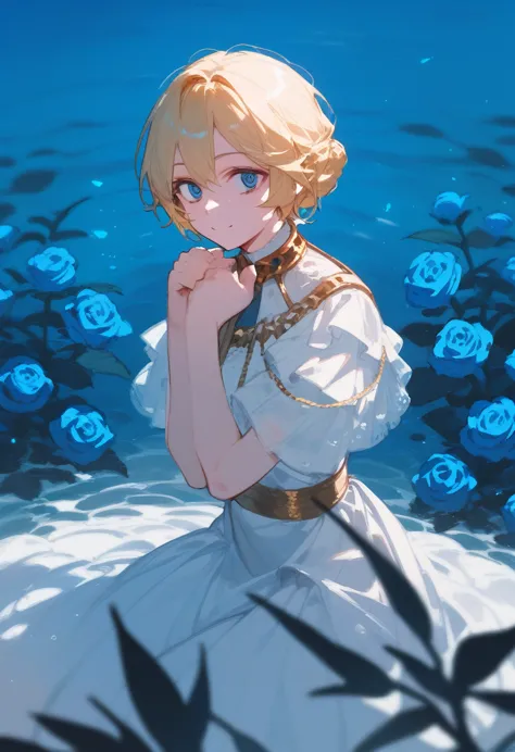 princess, blonde hair, royal features, narrow eyes, slight smile, white dress, in the middle of a sea of blue roses, sitting, he...