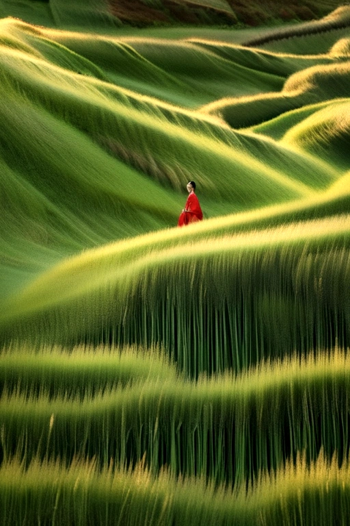 A woman wearing Hanfu is swimming in the long green grass, Similar to marcin sobas style, Wavy lines, The slightest sign of trouble，Motion blur.，Ed Freeman, National Geographic Photo, Konica Big Mini, What, Organic Mode – Chaos 20 