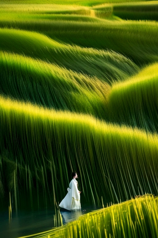 A woman wearing Hanfu is swimming in the long green grass, Similar to marcin sobas style, Wavy lines, The slightest sign of trouble，Motion blur.，Ed Freeman, National Geographic Photo, Konica Big Mini, What, Organic Mode – Chaos 20 