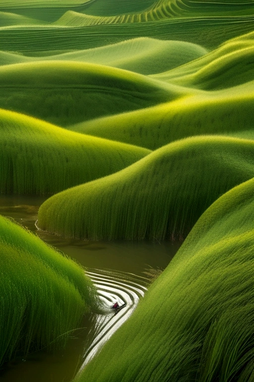 A woman wearing Hanfu is swimming in the long green grass, Similar to marcin sobas style, Wavy lines, The slightest sign of trouble，Motion blur.，Ed Freeman, National Geographic Photo, Konica Big Mini, What, Organic Mode – Chaos 20 