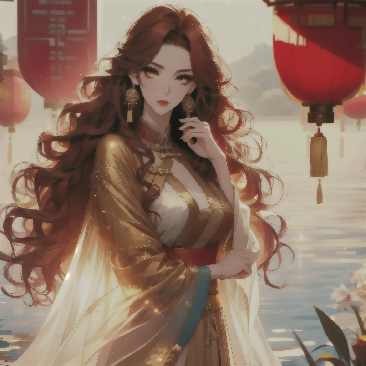 (masterpiece, best quality:1.2), 1women, xian mei, solo, chinese clothes, ultra long skirt, golden eyes, long red curly hair, jewellery, perfect anatomy