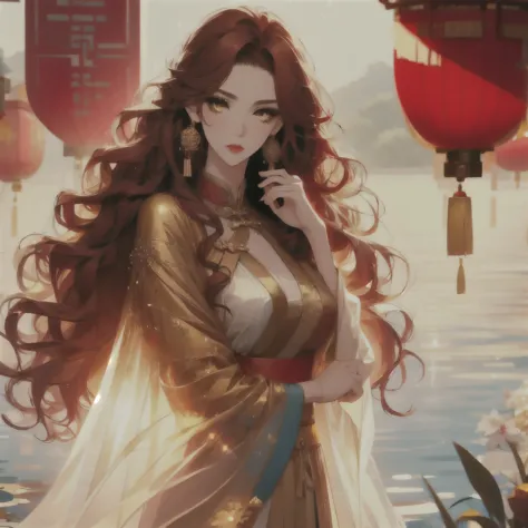 (masterpiece, best quality:1.2), 1women, xian mei, solo, chinese clothes, ultra long skirt, golden eyes, long red curly hair, je...