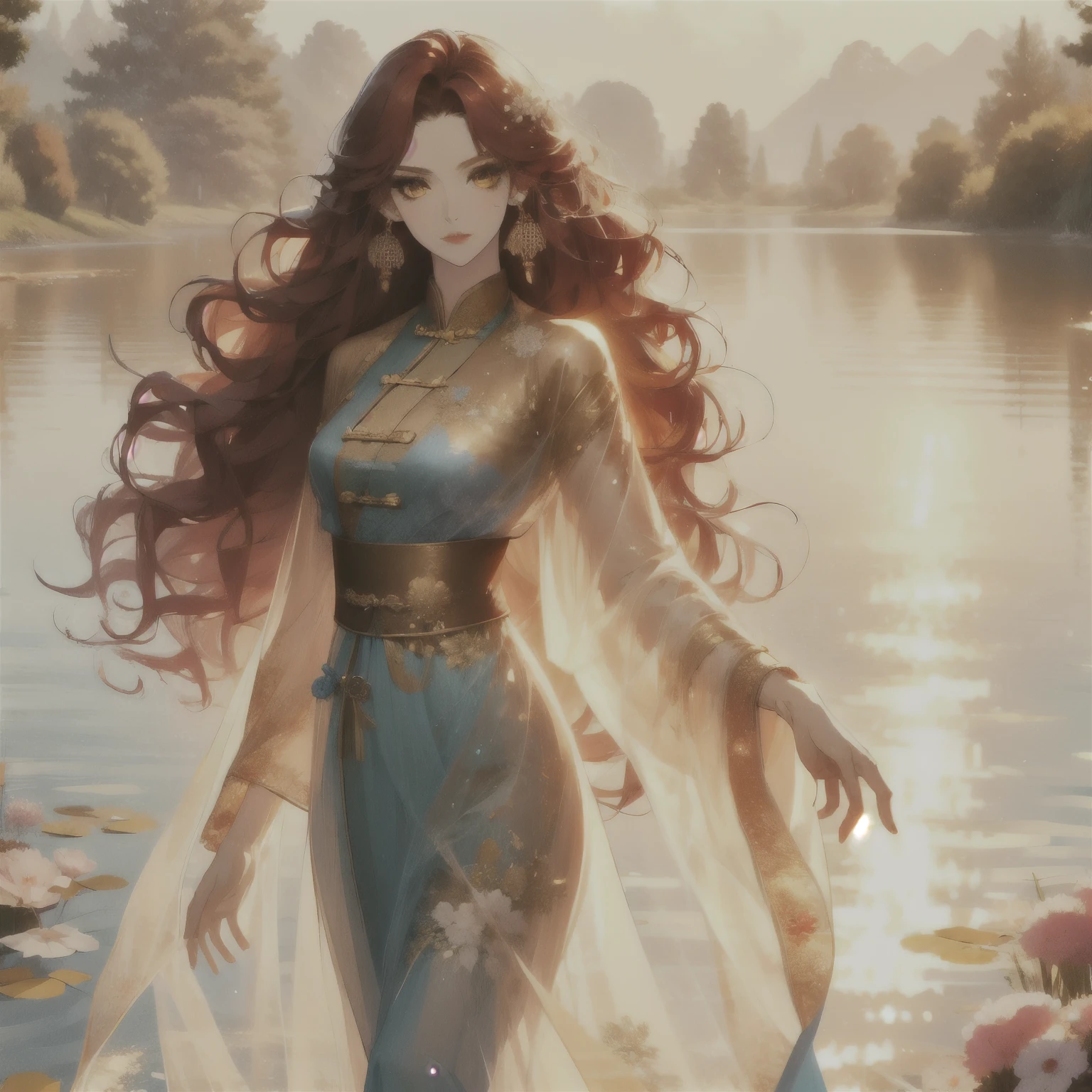 (masterpiece, best quality:1.2), 1women, xian mei, solo, chinese clothes, ultra long skirt, golden eyes, long red curly hair, jewellery, perfect anatomy