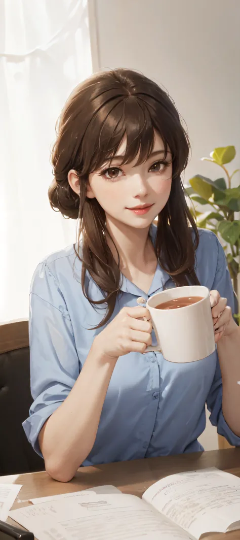 1lady sitting, holding a mug, office worker outfit, mature female, /(brown hair/) bangs, light smile, (masterpiece best quality:...