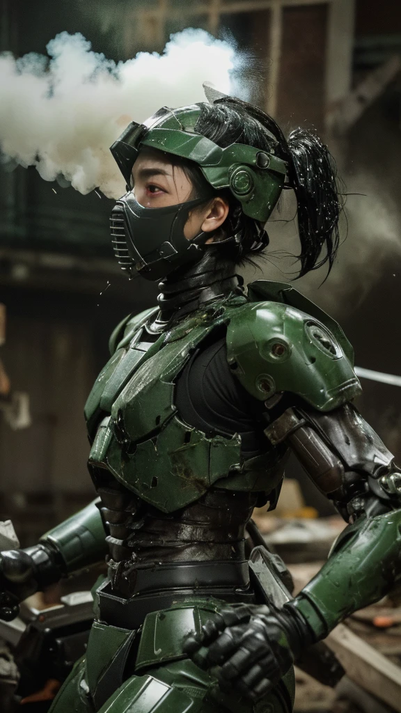 , Advanced Details, high quality, 最high quality, High resolution, 1080P 、Bleeding from wounds、Sexy Eyes、Wearing green and black、cute((The whole body is sweating))(Equipped with a damaged battle suit....)(Dark green armor)(Broken Armor)Black Hair、Chiquita、short hair、Pained expression、It hurts again、Healthy Skin、cute20 year old female　defeat　(Steam coming out of the face) ((Steam from the body)) 　Explosion from within the body　Machine gun fire all over my body　Hit　Unable to fight　Severe attacks　((Headgear broke.　)) Flying debris　bare hands　Armor Stripping　gas mask explodes　centering　Bleeding　