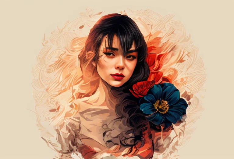 hay una mujer con cabello negro y una flor en el cabello, Arte vectorial por Mads Berg, ganador del concurso de comportamiento, arte digital, en estilo de ilustración digital, estilo de ilustración de los años 50, hermoso arte retro, elegante ilustración digital, hermosa obra de arte ilustración hermosa, elegant retro illustration arte digital, Ilustración digital -, impresionante ilustración digital