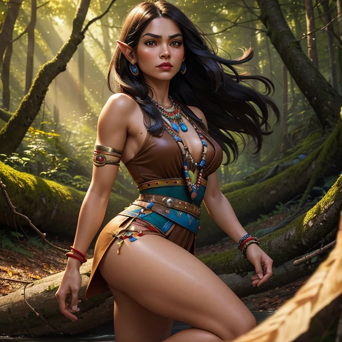 A masterpiece of a photorealistic portrait. ((seductor elfo native american)). She wears a short, tight dress made of brown animal skins.., leather shoes, and a blue bead necklace and bracelets. (((native american))), 1 woman, curves, thin waist. Her hair is long and cascading black., Dark skin, well detailed brown eyes. She has a beautiful feminine face., well defined smile, full red lips.  high cheekbones, female jaw. running through a forest, jumping fallen trees. Point of view from one side. seeds, shiny skin, bouncing breasts. good hands, detailed hands, appropriate number of fingers. This image evokes the strength and strength of the Indian., native american tribes, leaving the viewer immersed in the image. Professional wide-angle photography work., real and detailed lights and shadows. great detail of textures in all details clear image