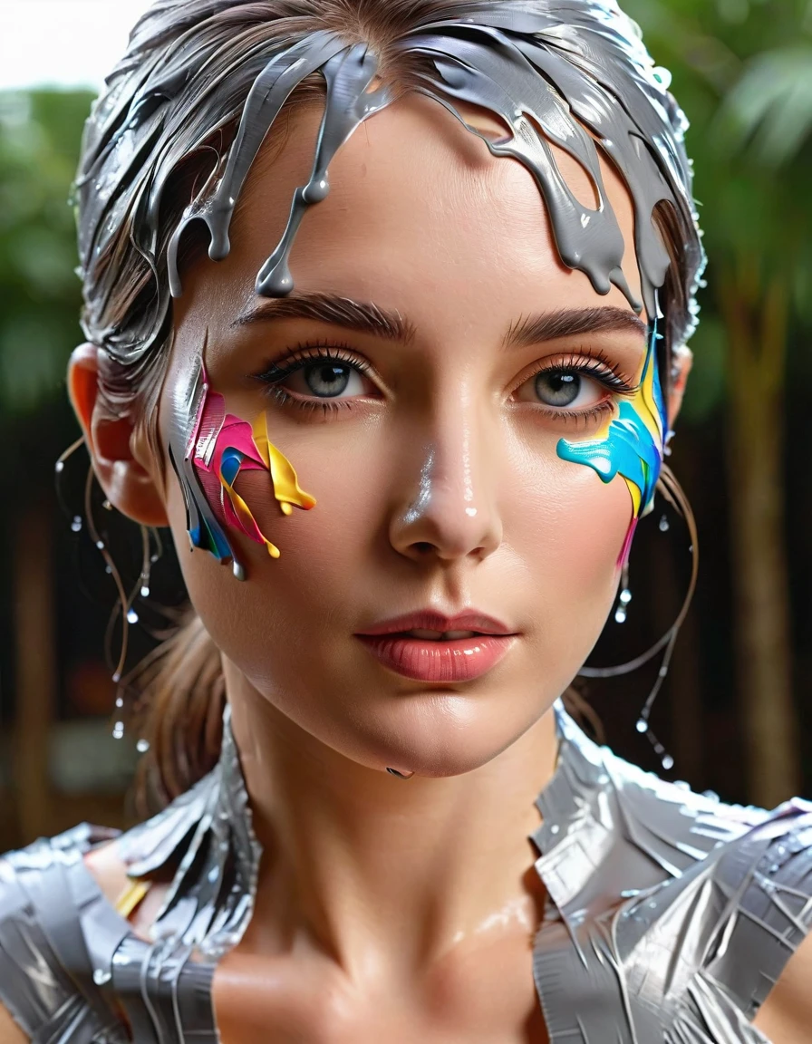 (absurd quality,high-res,masterpiece),(realism,photorealistic), ((a cute 1model:1.4 24yo) ,(the art of Duct Tape Style with many colors, luminous Duct Tape), ((screen with splashing fluid flowing down, fluid Duct Tape:1.4), extremely detailed:1.1), (((in a bright and colorful Duct Tape WORLD:1.22))), (anatomically correct)), slim face, beautiful cheekbones, ((slim-muscled body:1.24)), ((firm and full breasts)), (super detailed professional makeup on face:1.3), perfect composition, (pale skin), ((dry skin)),
