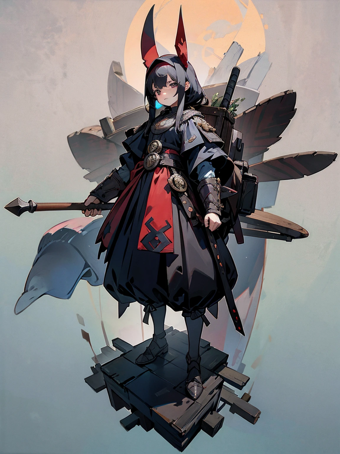 1 Girl，14 years old，tiny body，black hair，Red eyes，Medieval merchant style dress，Adventurer Merchant，mystery，Carrying a huge backpack on his back，Weapons on the waist，whole body，Standing picture，multi-angle，Anime CG，Highest quality，Extremely detailed，Highest definition，8K，Full set of clothing，whole bodyStanding picture，Well-proportioned body，Medieval landscape，Normal proportions of the figure，Little girl