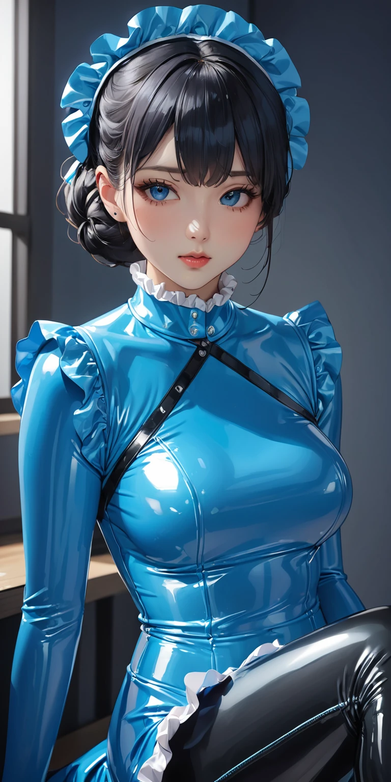 Portraiture、(masterpiece,Highest quality,Ultra-high resolution),Japanese women, (((Very beautiful 25 year old girl))),(Bright blue latex maid outfit)、((Bright blue latex long skirt))、(A light blue long-sleeved latex shirt covering the upper body)、Bright blue latex gloves、Bright blue latex socks、(Bright blue latex bodysuit)、Frills、The clothes fit snugly to the body、Latex is very shiny、Dark Room、