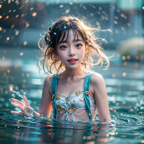 (8K TopQuality masterpiece: 1.2)(Realistic ProfessionalPhoto:1.37), VolumetricLighting. Tiny Girls, girl jumping into the water、...