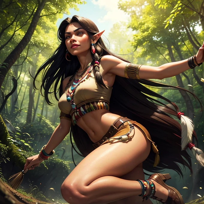 A masterpiece of a photorealistic portrait.. ((seductor elfo native american)). She wears shorts, tight dress made of brown animal skins.., leather shoes, and a blue bead necklace and bracelets. (((native american))), 1 woman, curves, thin waist. Her hair is long and cascading black.., Dark skin, well detailed brown eyes. She has a beautiful feminine face.., well defined smile, full red lips.  high cheekbones, female jaw. running through a forest, jumping fallen trees. Point of view from one side. seeds, shiny skin, bouncing breasts. good hands, detailed hands, appropriate number of fingers. This image evokes the strength and fortitude of the Indian.., native american tribes, leaving the viewer immersed in the image. Professional wide angle photography work.., real and detailed lights and shadows. great detail of textures in all details clear image