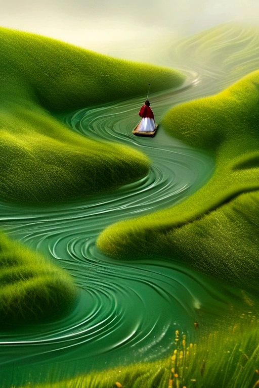 A woman wearing Hanfu is swimming in the long green grass, Similar to marcin sobas style, Wavy lines, The slightest sign of trouble，Motion blur.，Ed Freeman, National Geographic Photo, Konica Big Mini, What, Organic Mode