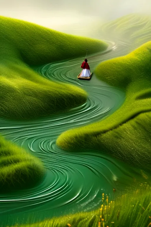 a woman wearing hanfu is swimming in the long green grass, similar to marcin sobas style, wavy lines, the slightest sign of trou...