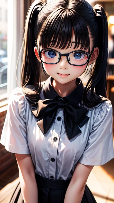 Highest quality,Photo quality,Ultra-high resolution,Professional Lighting,13 years old,Beautiful face like an actress、black eye、uniform、Twin tails、Open your mouth、cute、cute、cute、Glasses、whole body