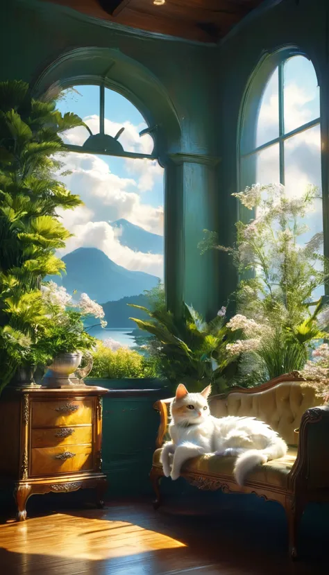 bigきな窓から雲がかかった夕方の楽園の眺めが楽しめる、Golden Hour、Create a tranquil scene with a cat in a cozy room。, 4Kと8Kの解像度in非常に詳細なデジタルアートinレンダリング, Us...
