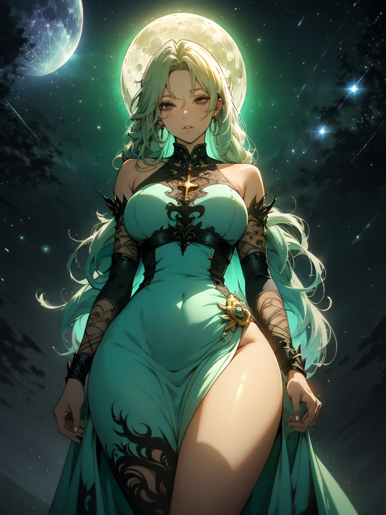 Beautiful anime goddess with long green hair, wearing a short dress, breasts, anime key look, moon, large breasts, intricate, hips, highly detailed, wide hips, breathtaking beauty, vibrant and sharp focus, illustration