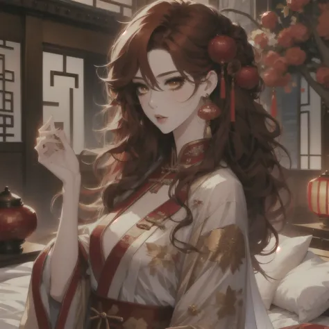 (masterpiece, best quality:1.2), 1women, xian mei, solo golden eyes, long red curly hair, jewellery, perfect anatomy, chinese tr...