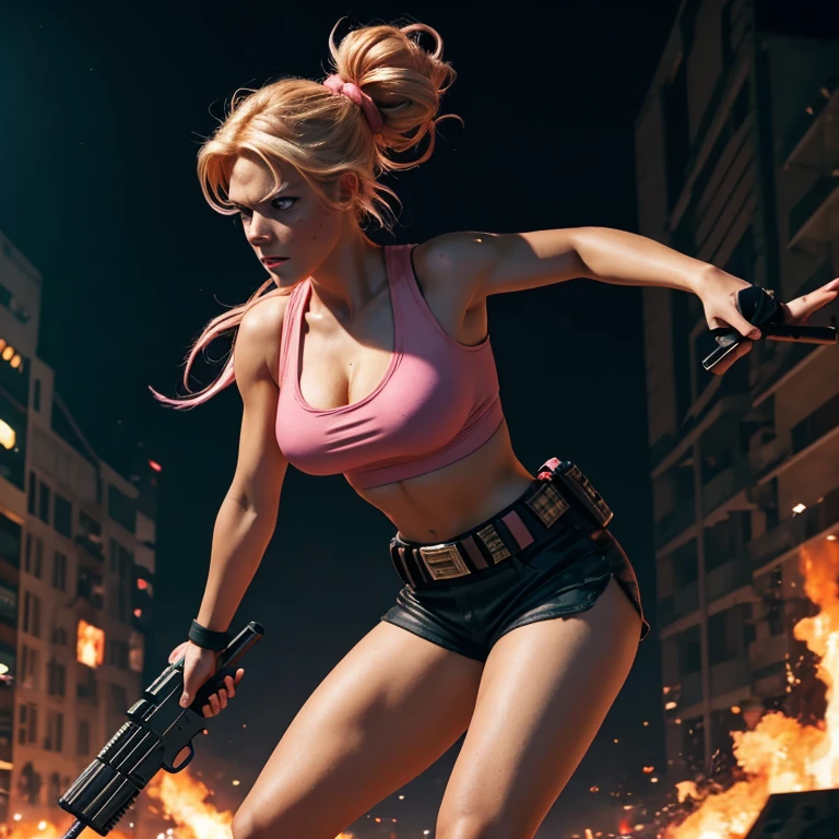 medium shot of a girl dressed in cyberpunk pink, tactical belt and leg holsters, holding a gun in each hand, The weapons are modern, heavy, very detailed and lethal, , aggressive pose, updo hair, narrow hips, pose frontal, Blonde, blue eyes, triangle face, very large and almost exposed chest, very brief shorts and top. freckles on the nose, athletics, heroina de action, Science fiction , frank cho art germ, destruction background, war night, dramatic lighting, cinematic, fire, despair in the look., phographic, Masterpiece, 75 mm, cinema shot, very dynamic, action, falling down.