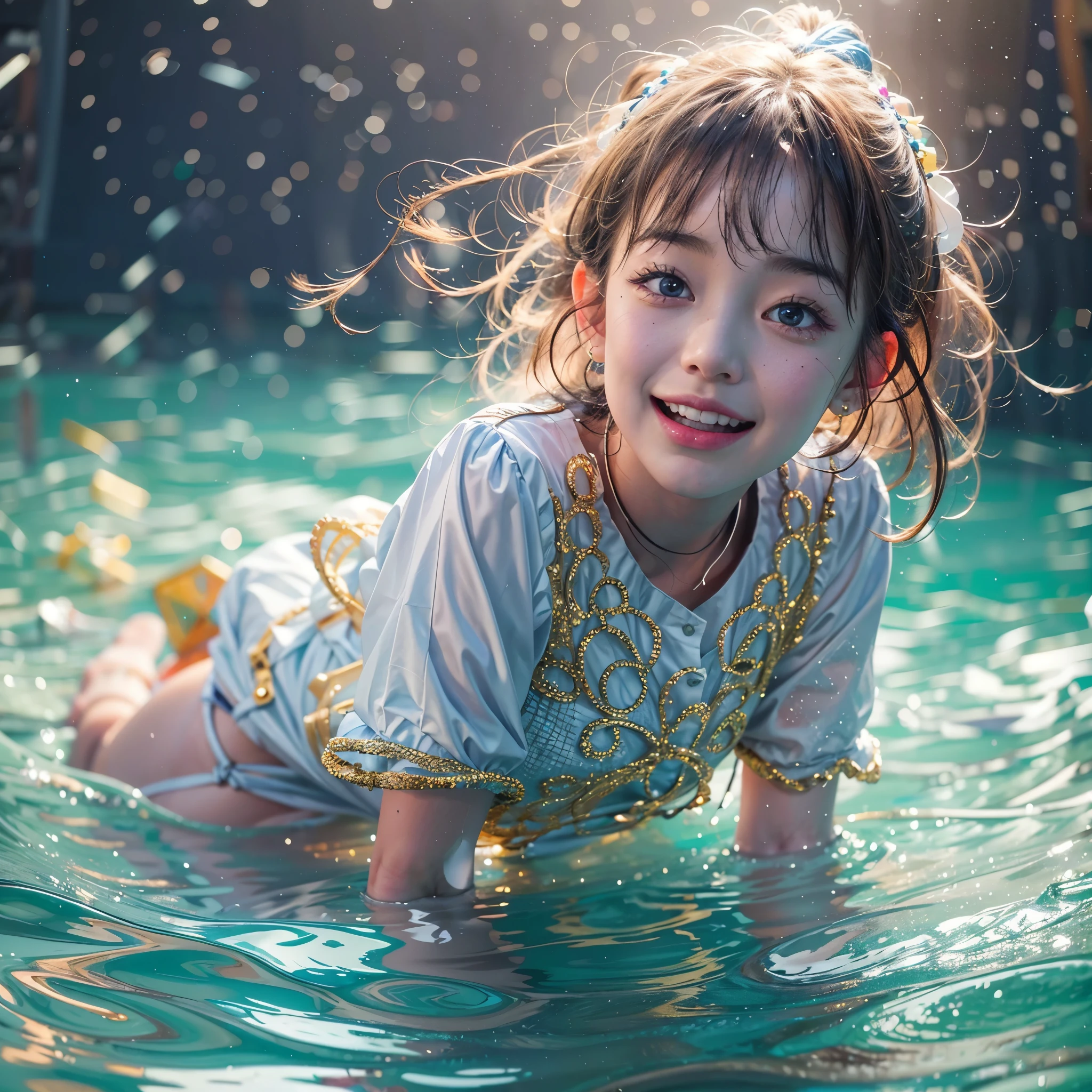 (8K TopQuality masterpiece: 1.2)(Realistic ProfessionalPhoto:1.37), VolumetricLighting. Tiny Girls, girl jumping into the water、Falling、splash water、shout、Luminous water surface、White and Bright colors, back lighting, Radiant PearlSkin, sparkling highlights, Detailed KAWAII face with cute lips, long eyelashes, Delicate clothes, Detailed open crotch