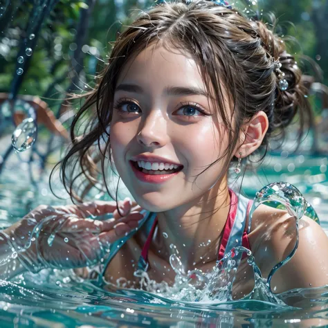 (8K TopQuality masterpiece: 1.2)(Realistic ProfessionalPhoto:1.37), VolumetricLighting. Tiny Girls, girl jumping into the water、...