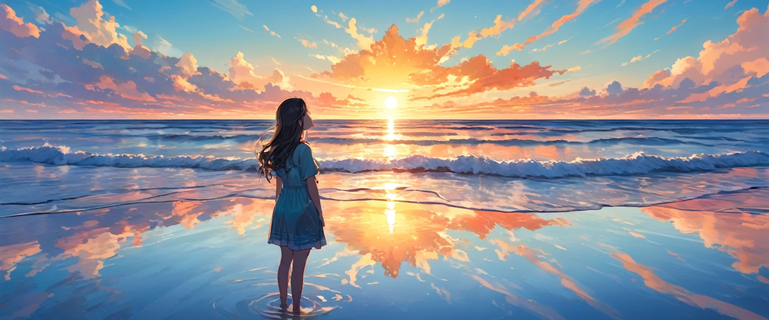 niña de pie, océano, atardecer, espejo de agua, Reflejo del cielo, mirando al cielo, ultra detallado, arte oficial, obra maestra, ilustración
