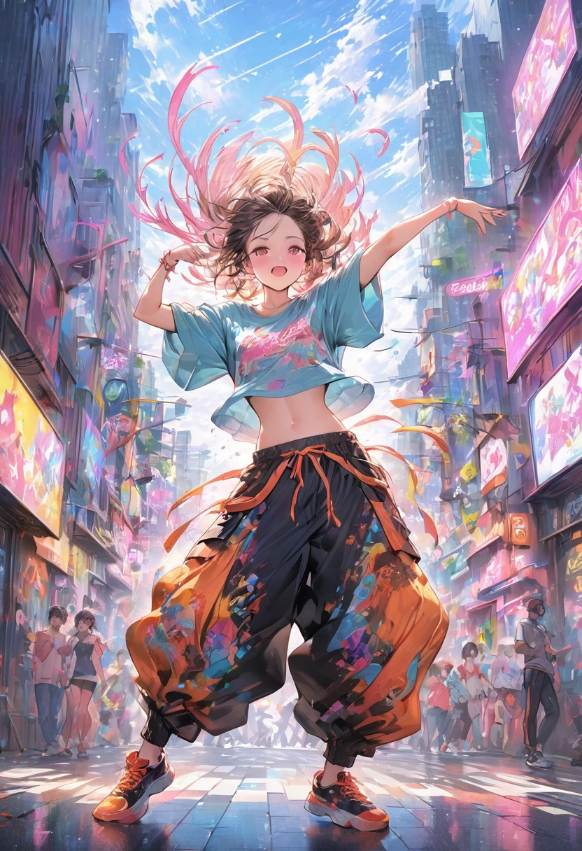 A cute anime girl performing a dynamic popping move, her body locking and popping with sharp, precise movements. Dancer wearing oversized T-shirt and baggy pants, popping dance pose, urban street style, loose-fitting clothes, vibrant colors, dynamic movement, street dance background, The background is a futuristic cityscape with neon lights. High-quality illustration, vibrant colors, detailed fabric textures. colorful illustrations, highly detailed, high resolution, in the style of digital painting, natural lighting, masterpiece, high definition, in the style of octane rendering, hyper realistic.