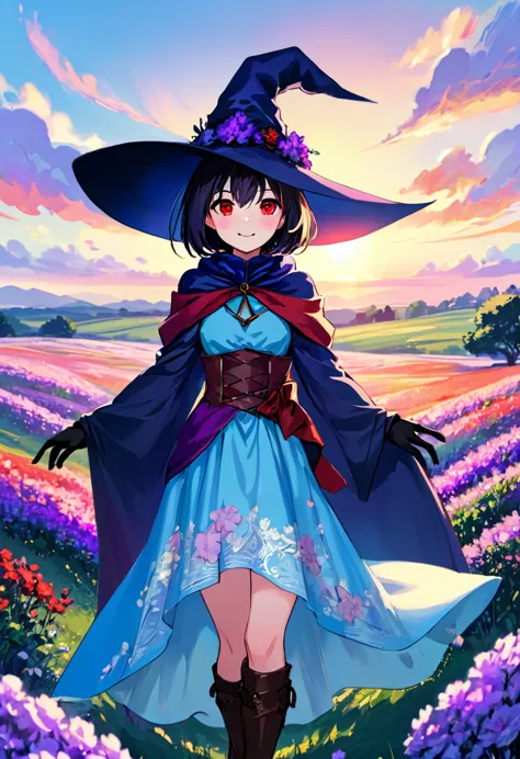 depth of field, looking at viewer, soft anime.  beautiful 1woman. mage. magic circle. flowing cloak, tunic, gloves, skirt, corse...