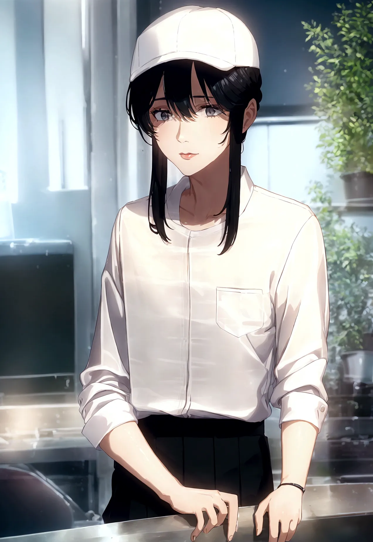 1 male, school boy, white shirt, black pants, black hair