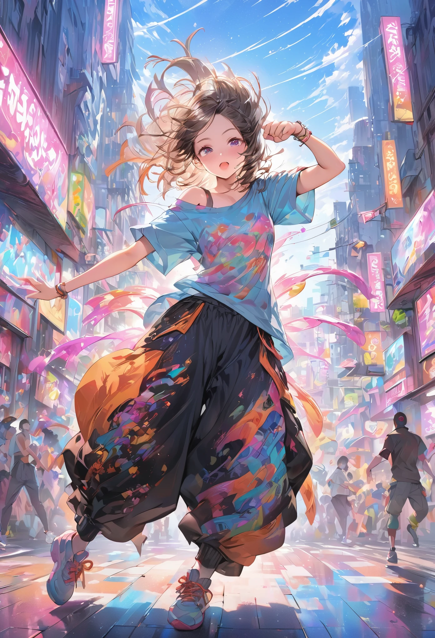 A cute anime girl performing a dynamic popping move, her body locking and popping with sharp, precise movements. Dancer wearing oversized T-shirt and baggy pants, popping dance pose, urban street style, loose-fitting clothes, vibrant colors, dynamic movement, street dance background, The background is a futuristic cityscape with neon lights. High-quality illustration, vibrant colors, detailed fabric textures. colorful illustrations, highly detailed, high resolution, in the style of digital painting, natural lighting, masterpiece, high definition, in the style of octane rendering, hyper realistic.