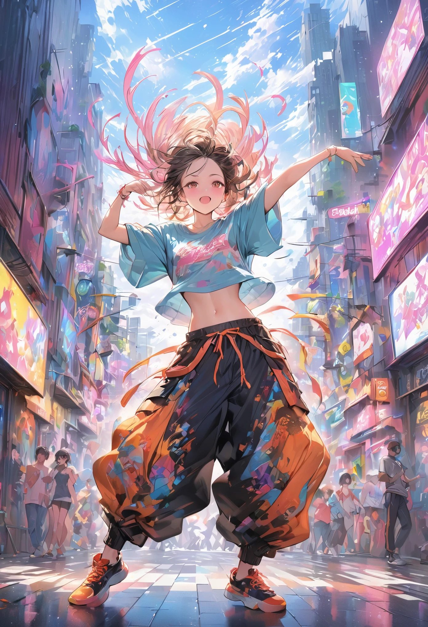 A cute anime girl performing a dynamic popping move, her body locking and popping with sharp, precise movements. Dancer wearing oversized T-shirt and baggy pants, popping dance pose, urban street style, loose-fitting clothes, vibrant colors, dynamic movement, street dance background, The background is a futuristic cityscape with neon lights. High-quality illustration, vibrant colors, detailed fabric textures. colorful illustrations, highly detailed, high resolution, in the style of digital painting, natural lighting, masterpiece, high definition, in the style of octane rendering, hyper realistic.