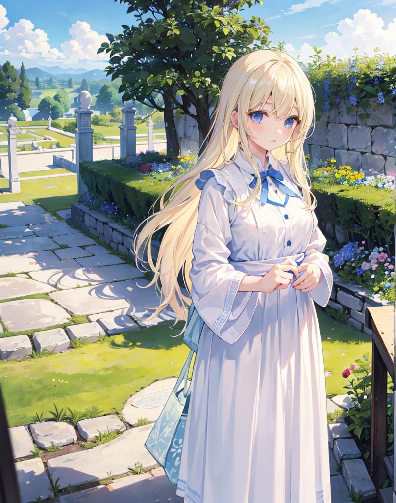 青い目でLight blonde hairの長髪の美女、goddess、White clothes、flower、Detailed landscape、Background Information、masterpiece, garden, blue sky, Light blonde hair, Long Hair, Long eyelashes、