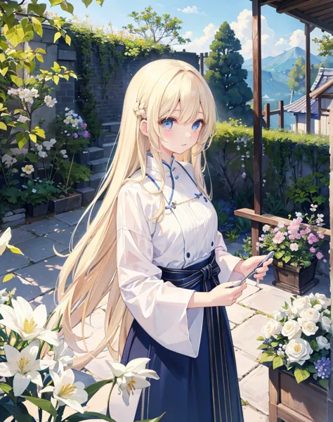 青い目でlight blonde hairの長髪の美女、goddess、white clothes、flower、detailed landscape、background information、masterpiece, garden, blue sky...