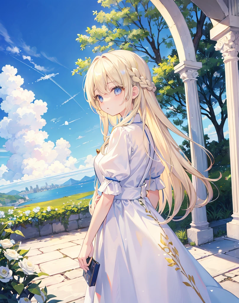 青い目でLight blonde hairの長髪の美女、goddess、White clothes、flower、Detailed landscape、Background Information、masterpiece, garden, blue sky, Light blonde hair, Long Hair, Long eyelashes、