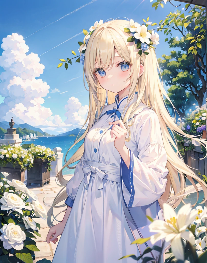 青い目でLight blonde hairの長髪の美女、goddess、White clothes、flower、Detailed landscape、Background Information、masterpiece, garden, blue sky, Light blonde hair, Long Hair, Long eyelashes、