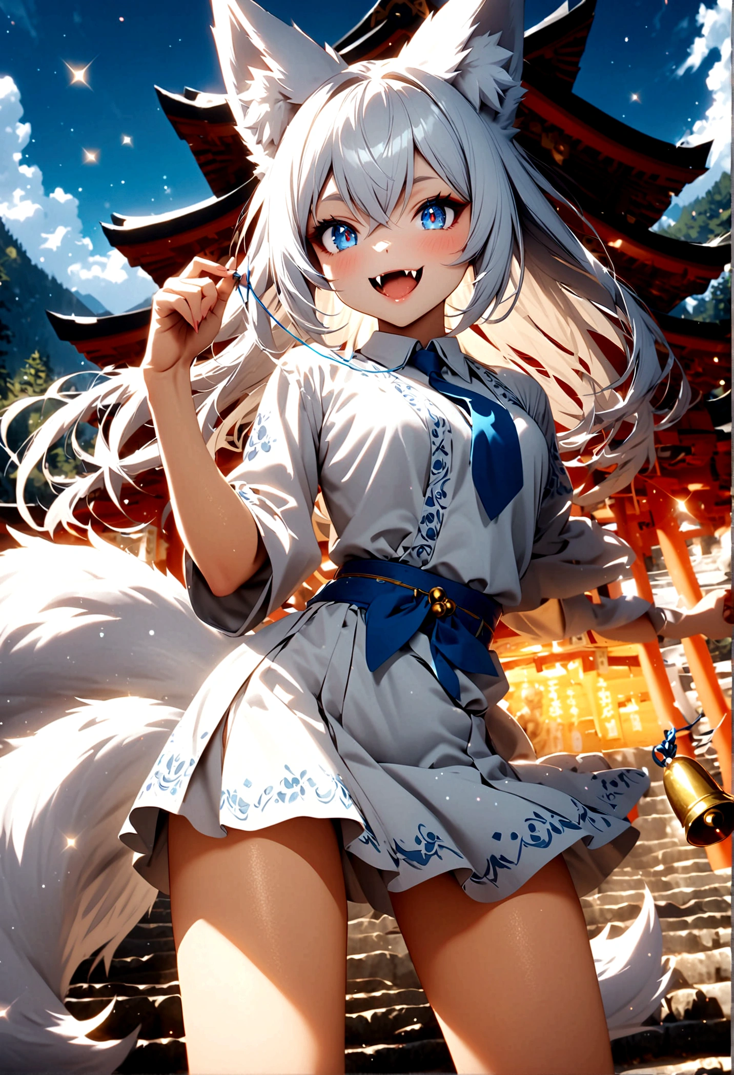 Kitsune human girl in her 20s with long white hair and white fox ears wearing white kimono with a blue belt with a white skirt and shirt socks with a blue ties blue eyes and from below a thin yellow colour holding string bells with a lot of blue sparkles around her and she has nine white tails as she's smiling with her mouth open revealing her fox fangs background holy Shrine in the mountains 