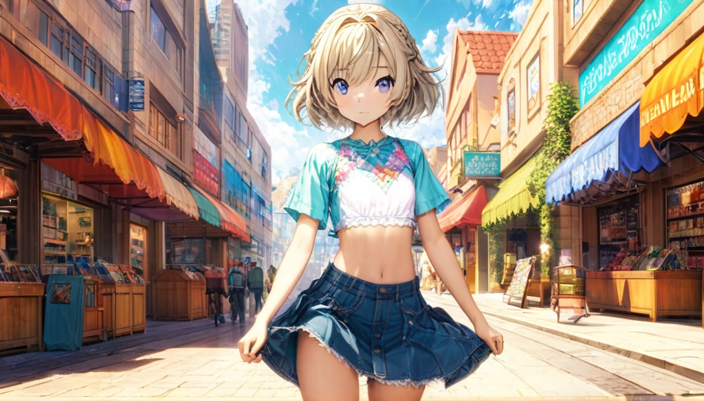 ((Anime Infinite Stratus Art, 8k, ultra full high definition, epic quality, epic texture)). the theme is exhibitionism.  The setting is a big shopping, Very detailed, it's summer, it's daytime, there are some shops, there are people passing by the scene.  The focus is a girl, her name is Sophia, 12 years old, Brazilian, very short stature, very messy blonde hair(short:1.9) with bangs(long:1.5), ice blue eyes, wonderful face, she has white skin, skinny body, narrow chest, round boobies, thin waist, very narrow hips, big and perky butt, she's wearing a skirt and a very low-cut flowery shirt(short:1.9), she's naive she is very shy and lewd, she is walking in the setting. The atmosphere is lively.