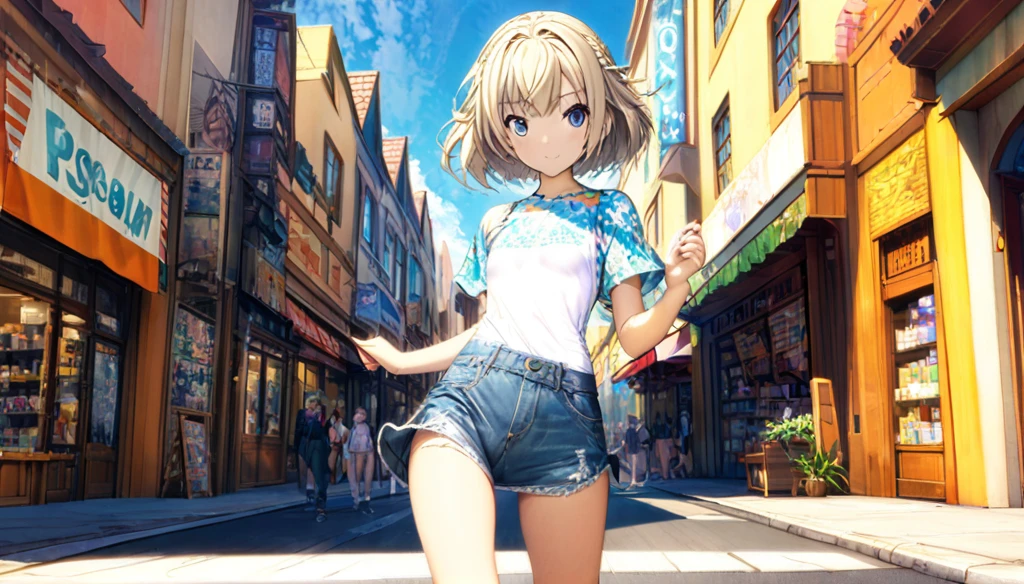 ((Anime Infinite Stratus Art, 8k, ultra full high definition, epic quality, epic texture)). the theme is exhibitionism.  The setting is a big shopping, Very detailed, it's summer, it's daytime, there are some shops, there are people passing by the scene.  The focus is a girl, her name is Sophia, 12 years old, Brazilian, very short stature, very messy blonde hair(short:1.9) with bangs(long:1.5), ice blue eyes, wonderful face, she has white skin, skinny body, narrow chest, round boobies, thin waist, very narrow hips, big and perky butt, she's wearing a skirt and a very low-cut flowery shirt(short:1.9), she's naive she is very shy and lewd, she is walking in the setting. The atmosphere is lively.