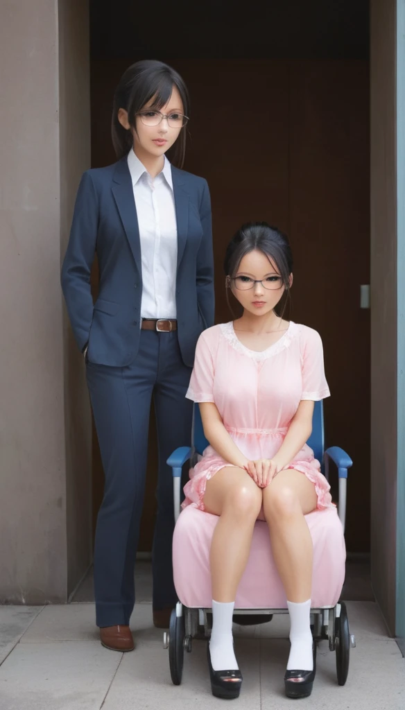 Japanese female, High glasses, wheelchair