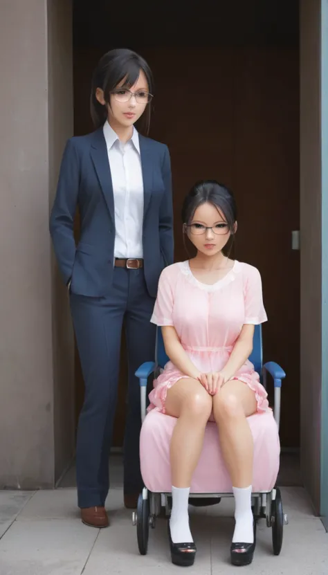 japanese female, high glasses, wheelchair