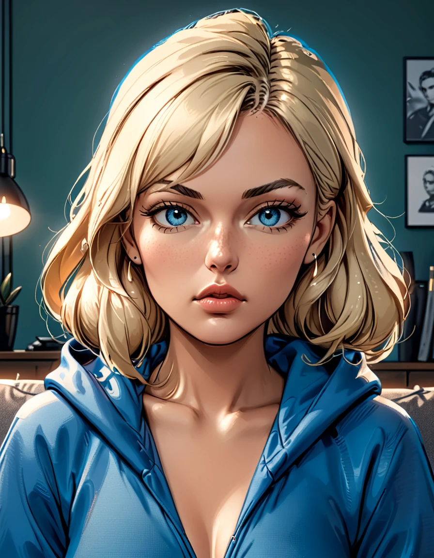 ((((glow blue eyes)))),(angry), girl lies with ((glow blue eyes closed)) in (Blue oversized hoodie) ((at sofa at dark green office)), adult, [Nordic], Hourglass elongated fitness body, perfect Olive skin, Oval Face, Long neck, Rounded shoulders, perfect hand, Attached Pointed ears, round forehead, Short blonde Waves pixie hair, snub nose, Arched eyebrows, High Round Narrow cheekbones, Dimpled Cheeks, Rounded Chin, Rounded Jawline, Full nude Lips, Nude Makeup Look, long eyelashes, graphic style of novel comics, 2d, 8k, hyperrealism, masterpiece, high resolution, best quality, ultra-detailed, super realistic, Hyperrealistic art, high-quality, ultra high res, highest detailed, lot of details, Extremely high-resolution details, incredibly lifelike, colourful, soft cinematic light,