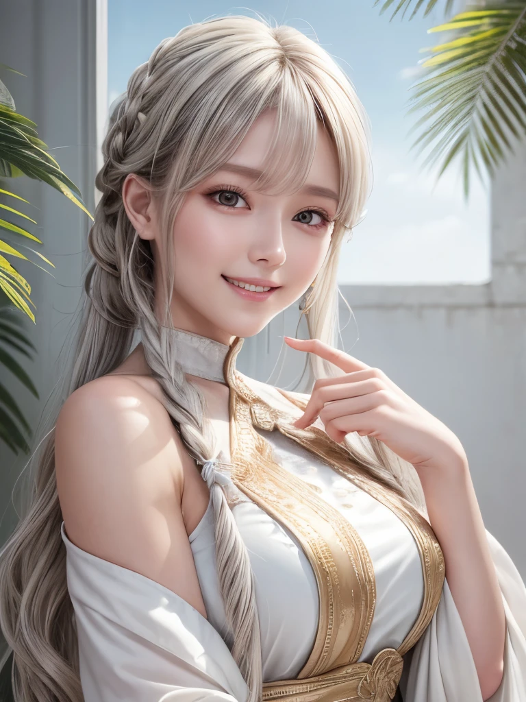 Highest quality, high resolution, masterpiece, Gray Hair, Golden Eyes, White clothes, look up, Upper Body, Hair bundle, Fair skin, Side braid, smile, Double teeth