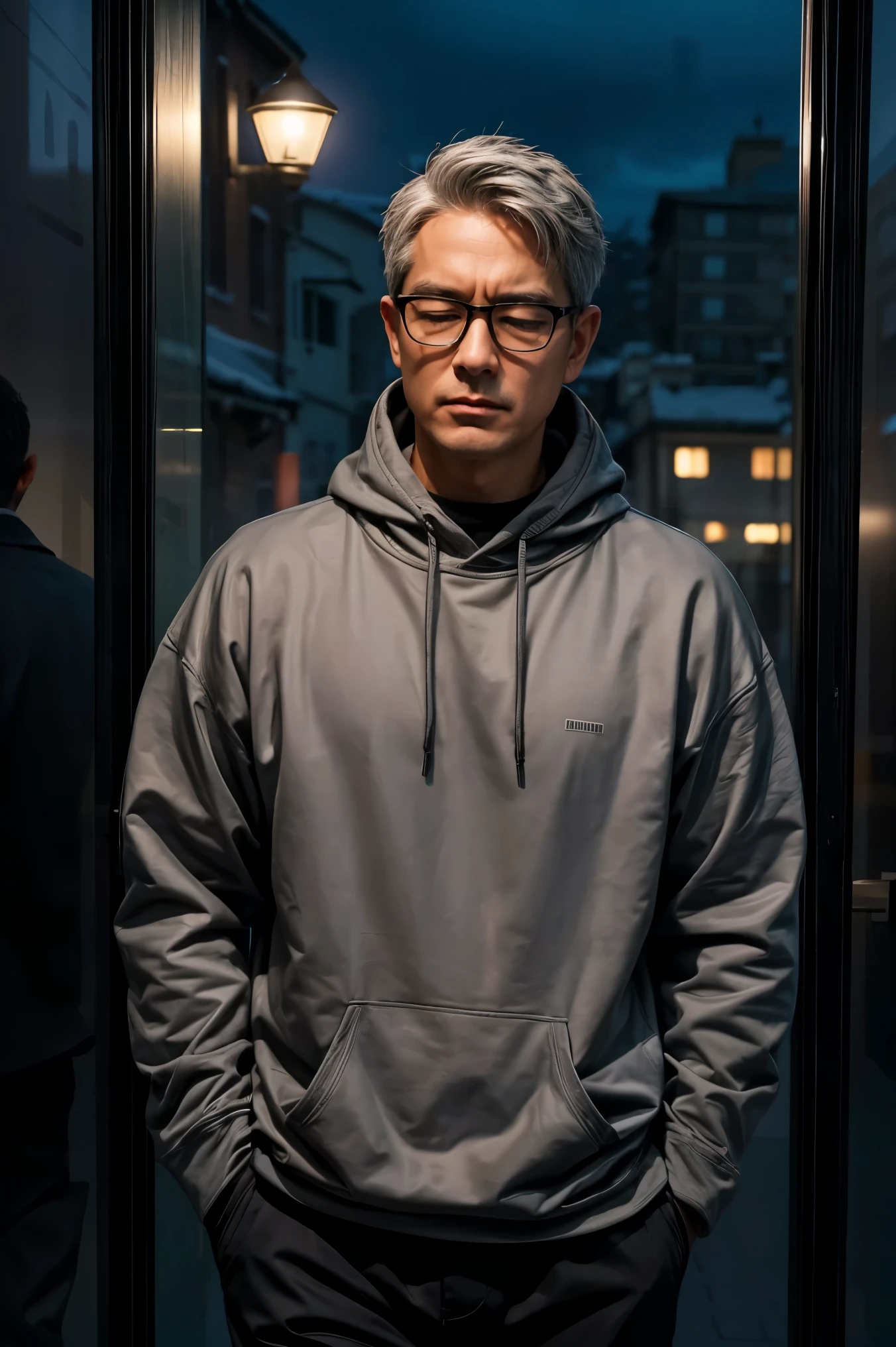 A realistic image of a man with short hair, Gray Hair, Wear glasses, Wearing a black sweatshirt, close your eyes, walking, Teaching Mouth, With nothing in hand, At the office at night, Buildings at night in the scenery seen from the window