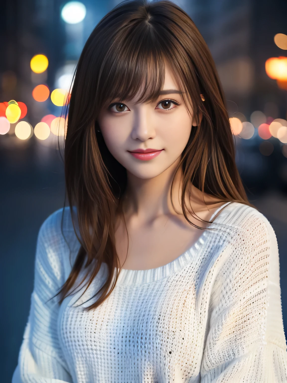 1girl in,(White sweater:1.4),(Fur trim,:1.2), (Raw photo, Best Quality), (Realistic, Photorealsitic:1.4), masterpiece, extremely delicate and beautiful, Extremely detailed, 8k wallpaper, amazing, finely detail, extremely detailed CG Unity, hight resolution, Soft light, Beautiful detailed 19 year old girl, extremely detailed eye and face, beautiful detailed nose, Beautiful detailed eyes,Cinematic lighting,city light at night,Perfect Anatomy,Slender body,Smiling  (hair messy, asymmetrical bangs, light brown hair,)