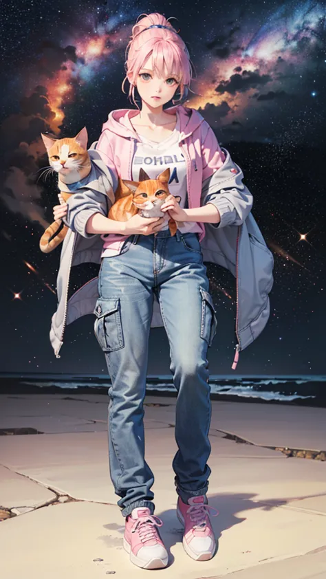 (((holding a cute orange bantam cat in both hands)))，((highest quality，masterpiece，full frontal view of a super mature and tall ...