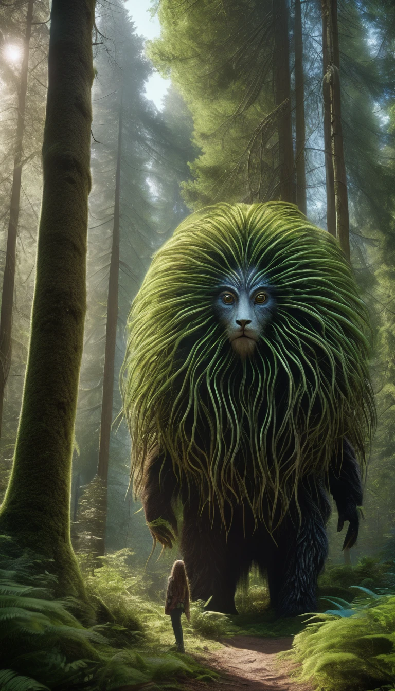 Panoramic front view，There is a creature in the forest，Looks like a person standing，Full of hair（best quality，4K，8K，High level，masterpiece：1.2），Ultra Detailed，（lifelike，Photo real，Photo real：1.37），Highly detailed animals，Complex patterns，Realistic lighting，Fantasy Creatures